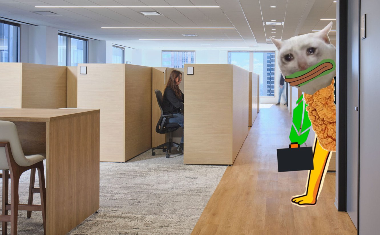The firm's open-plan floor. Colleagues at work; the Chief Executive at the doorway.